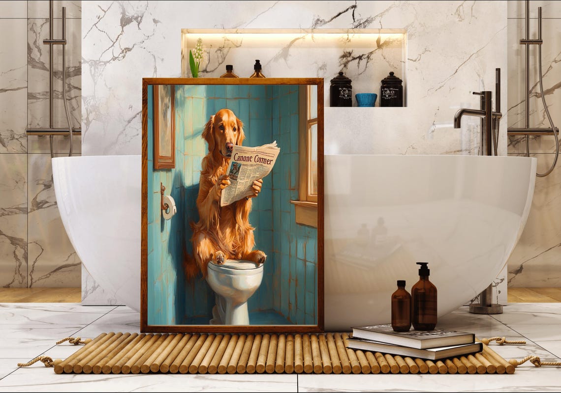 Golden Retriever Reading Canane Commer Newspaper On A Toilet Poster - Image 5