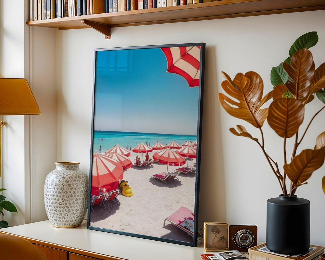 Red Striped Beach Umbrellas on White Sand Summer Photo Poster - Image 3