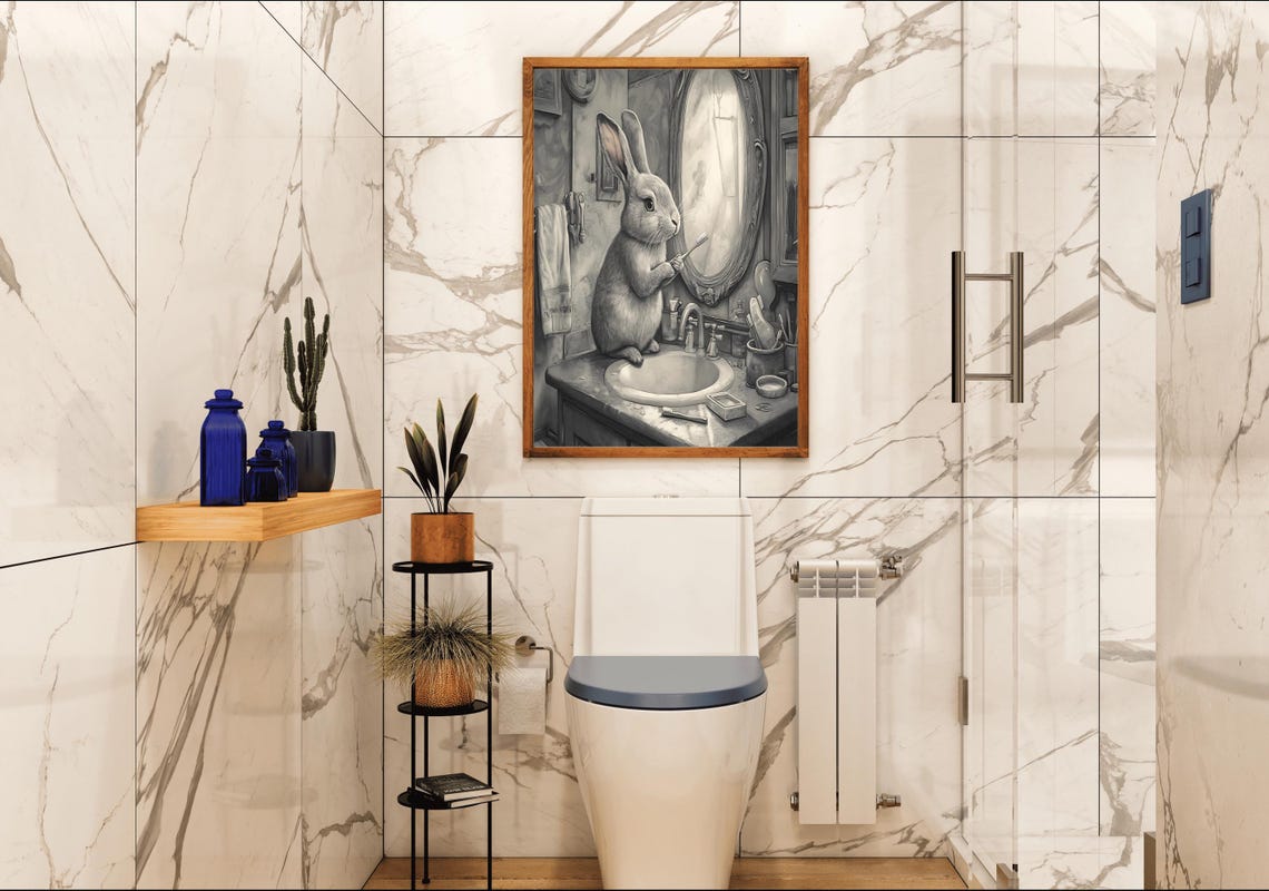 Rabbit Brushing Its Teeth at a Vintage Sink Monochrome Sketch Poster - Image 4