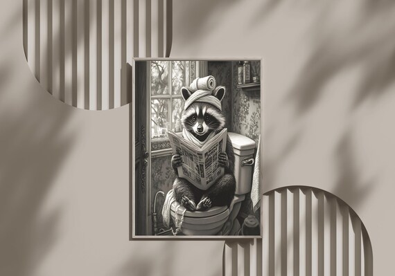 Raccoon with Towel Turban Reading the Newspaper on the Toilet Poster