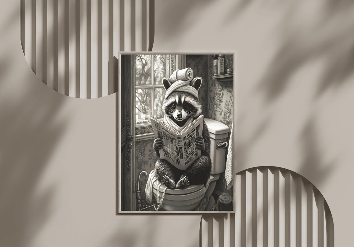 Raccoon with Towel Turban Reading the Newspaper on the Toilet Poster