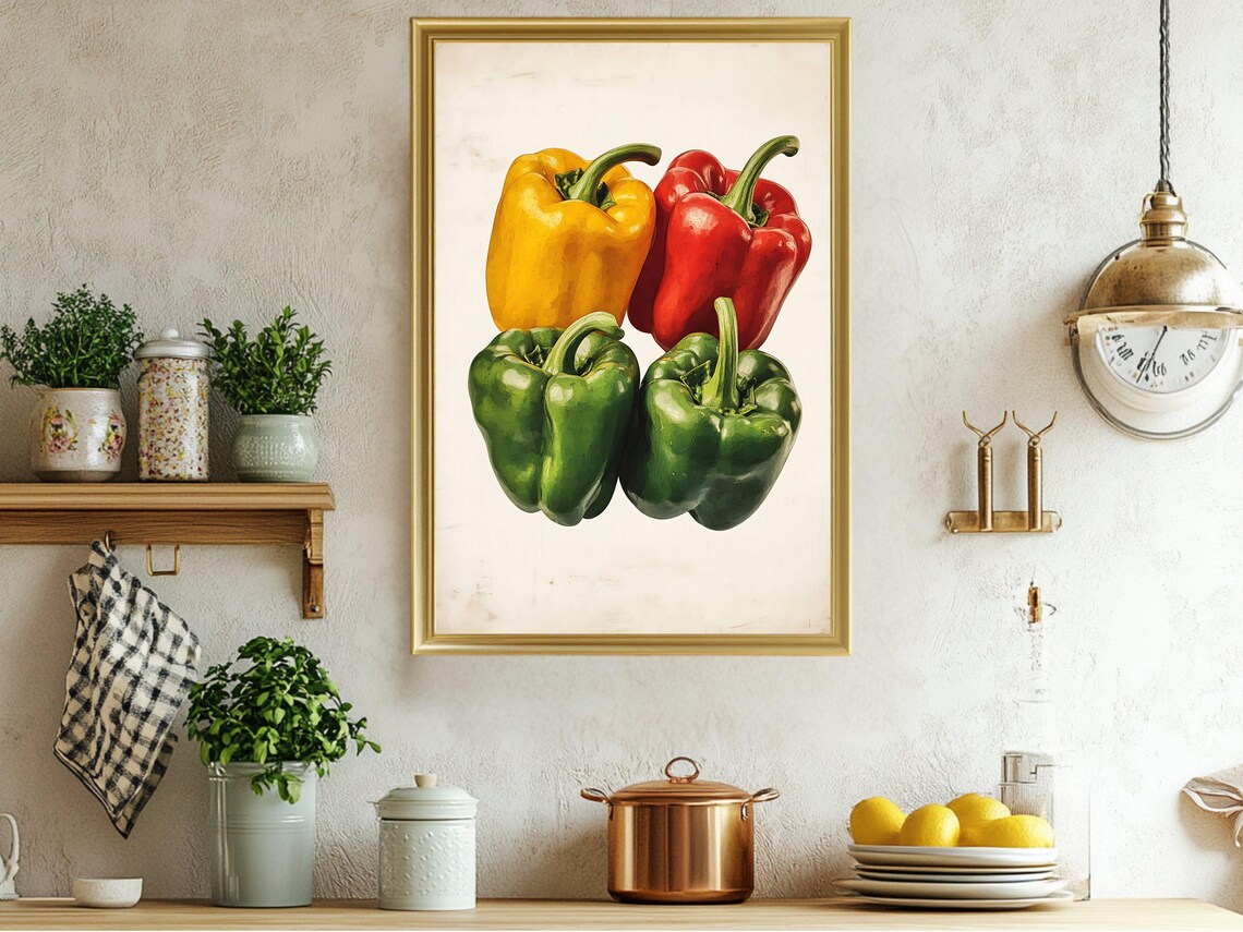 Colorful Peppers Wall Art Print Kitchen Decor Vibrant Vegetable Poster Bell Peppers Painting Farmhouse Wall Art Home Decor Food Art