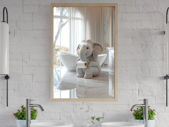 Sweet Baby Elephant Holding Toilet Paper in Marble Bathroom Poster