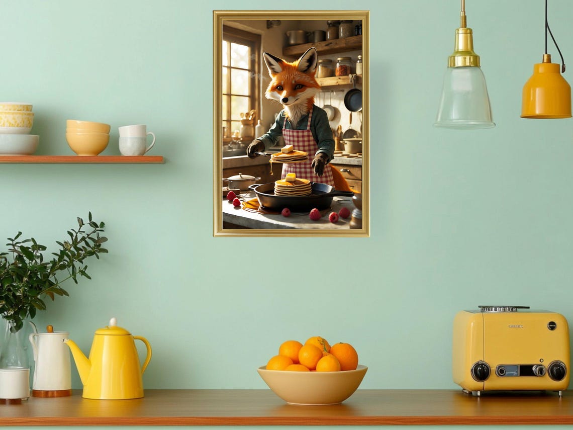 Fox Chef Making Pancakes Cozy Kitchen Funny Animal Art Print - Image 3