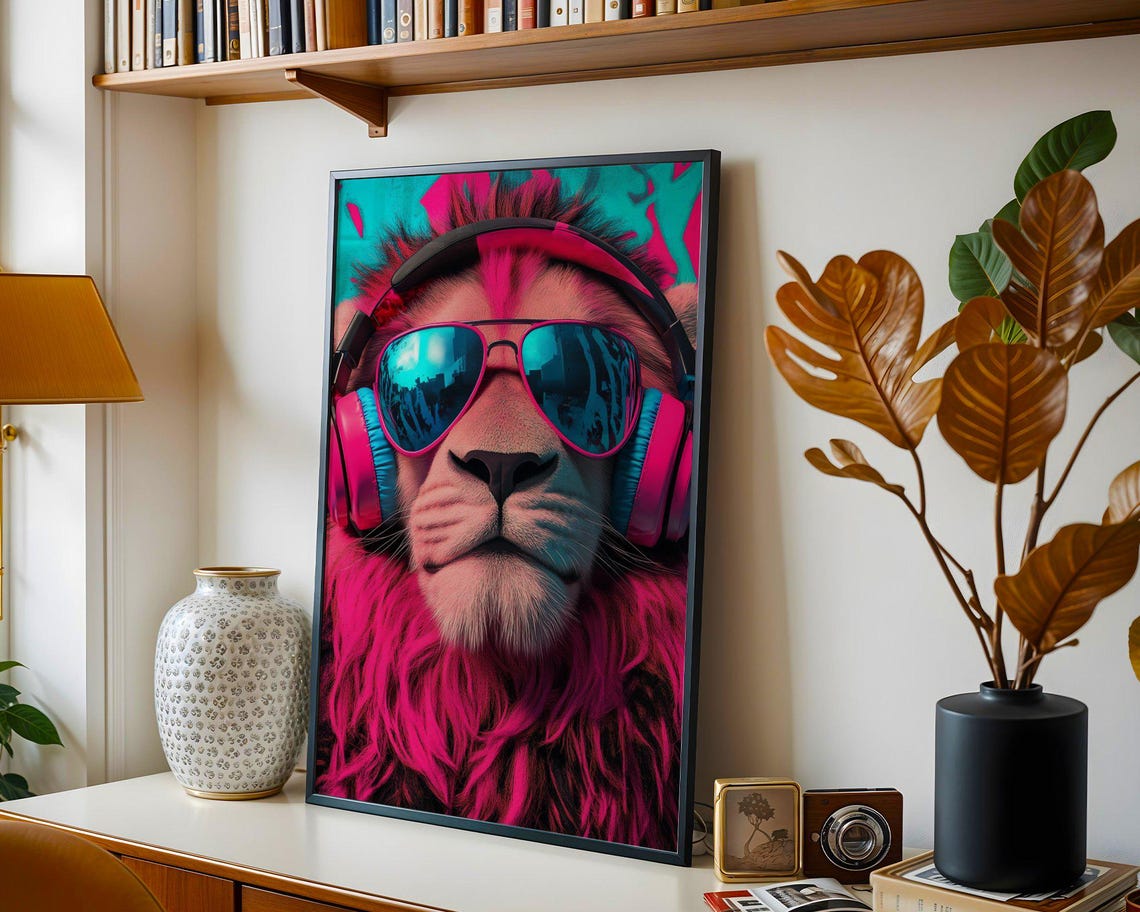 Neon Pink Lion In Headphones And Mirrored Aviator Sunglasses Poster - Image 5