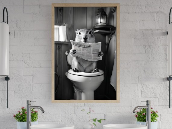 Squirrel Reading Newspaper on the Toilet Black and White Poster