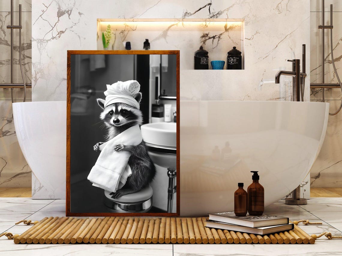 Raccoon in a Towel Turban After a Bath Black and White Poster - Image 5