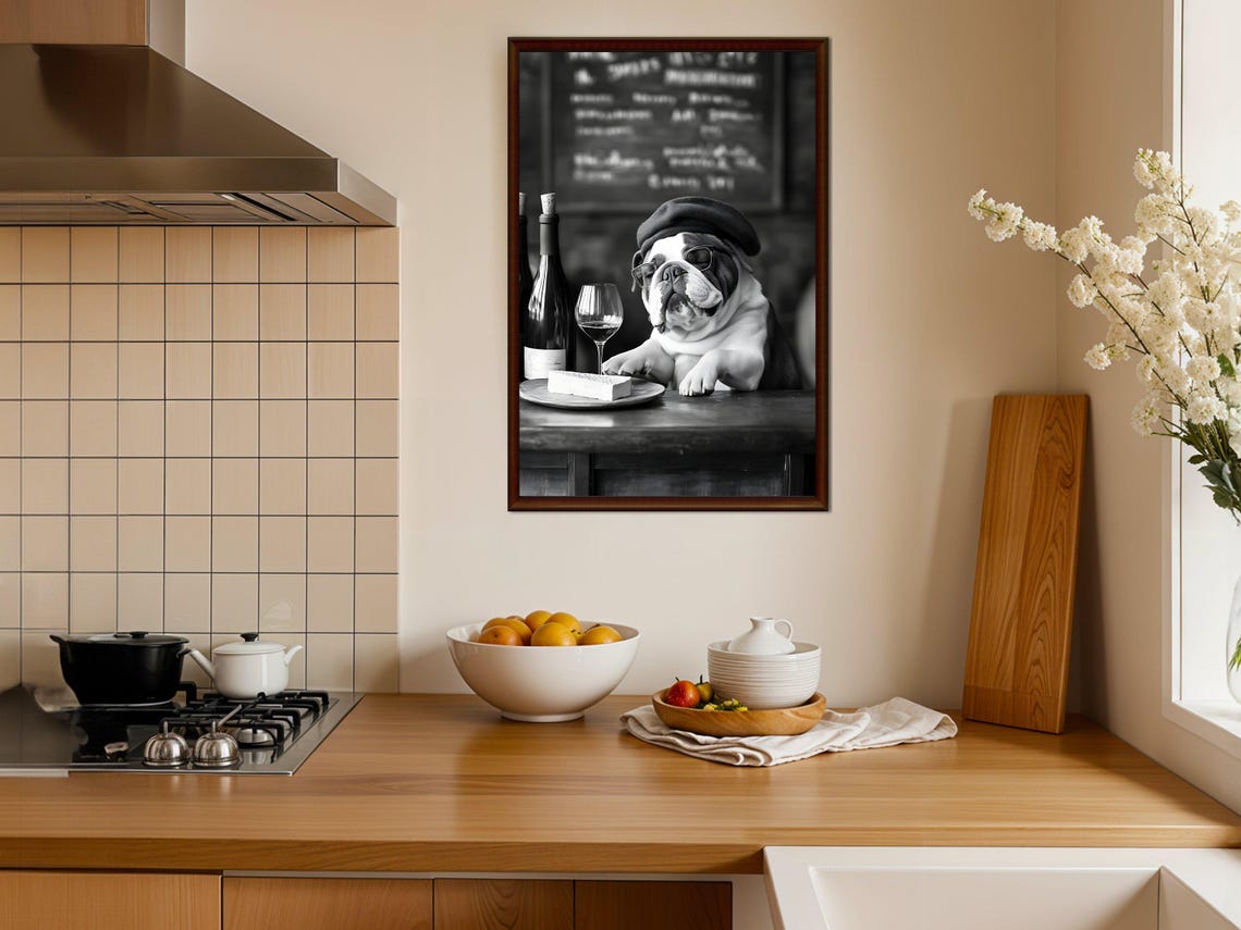 Bulldog Wine Bar With Beret French Pet Lover Humor Art Poster - Image 4