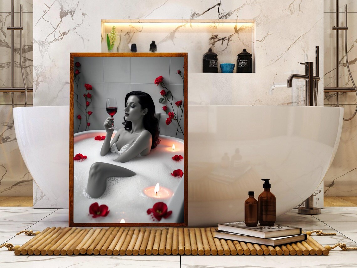 Elegant Woman In Bathtub Wall Art Luxury Spa Bathroom Decor Red Roses And Candles Relaxation And Serenity Print - Image 5