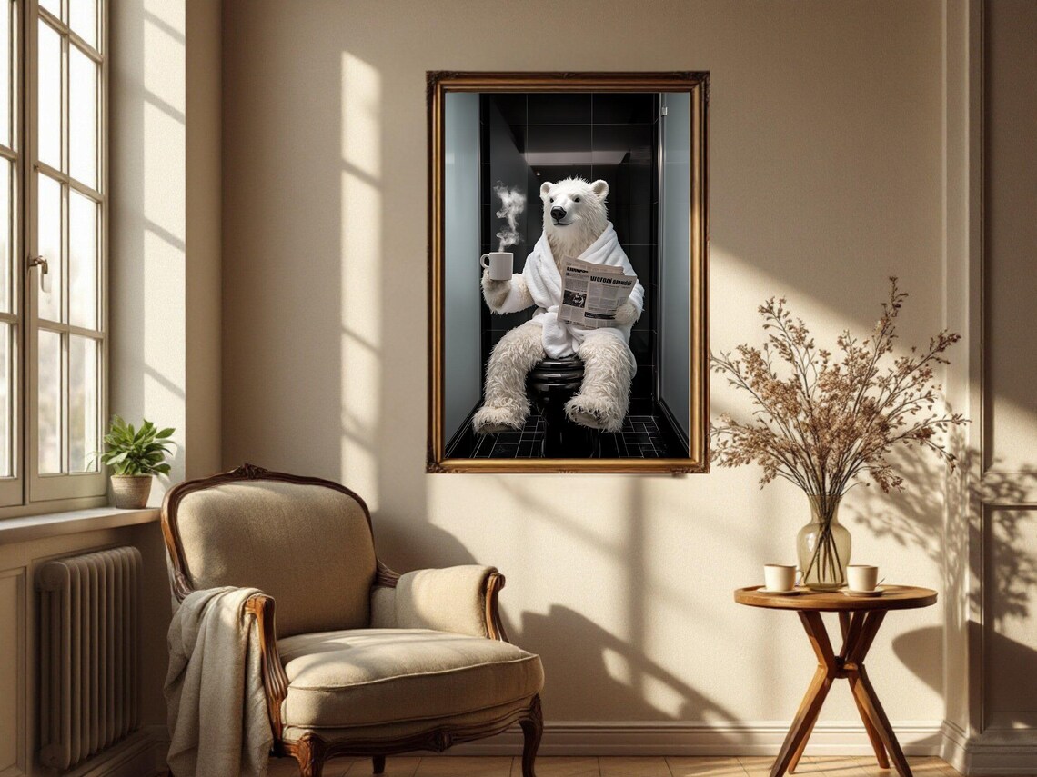 Polar Bear in a White Bathrobe With Coffee Reading the Newspaper Poster - Image 4