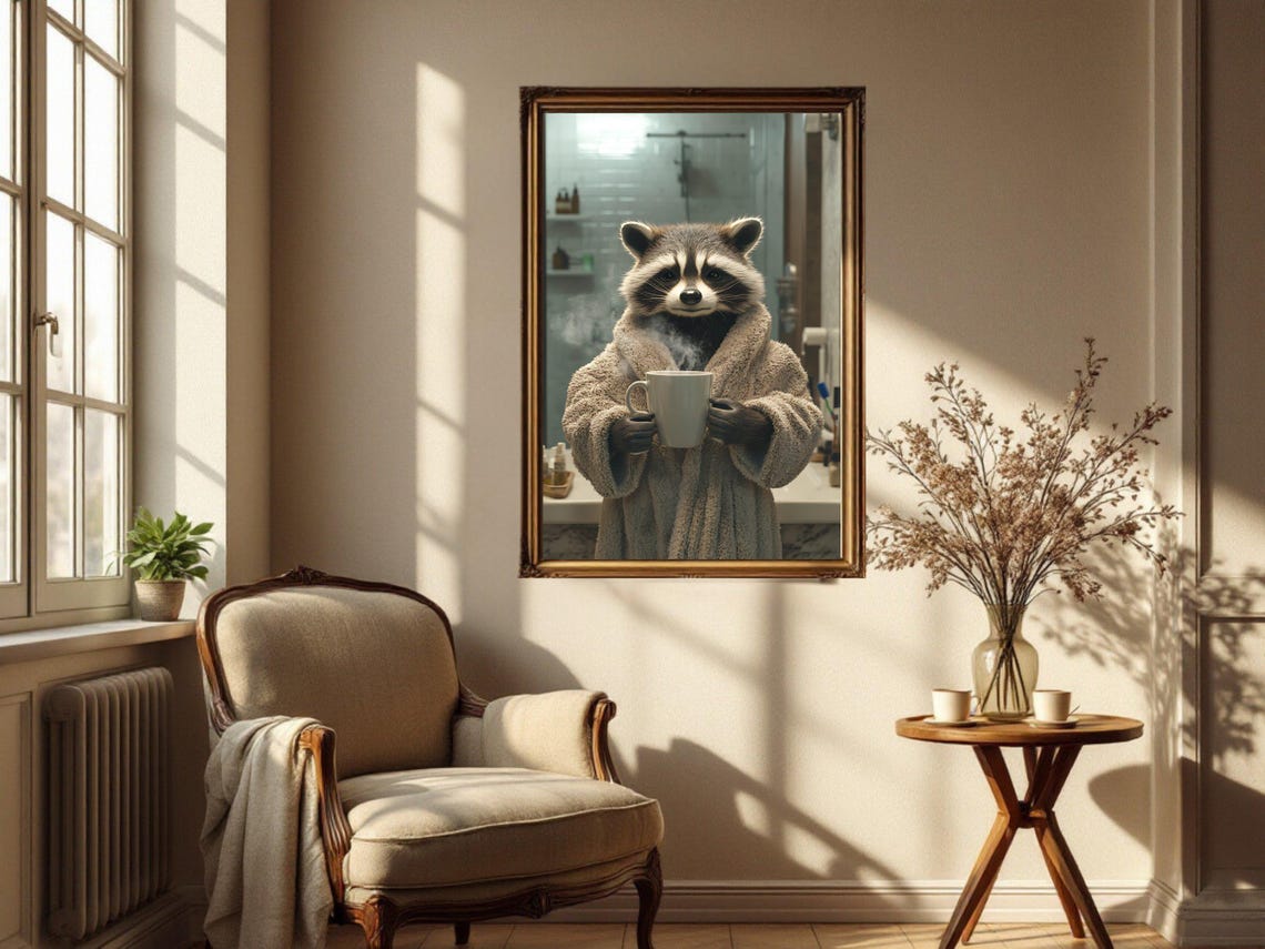 Raccoon in a Fluffy Bathrobe Holding a Steaming Coffee Mug Poster - Image 4