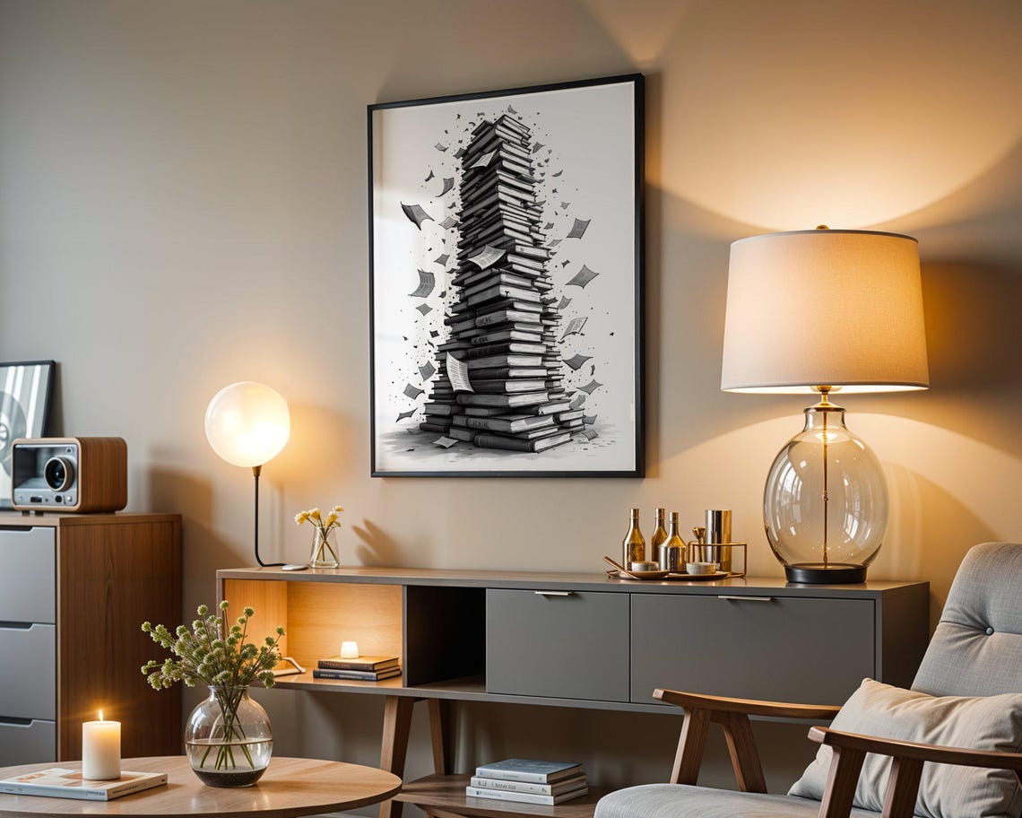 Towering Stack Of Books With Flying Pages Black White Poster - Image 3