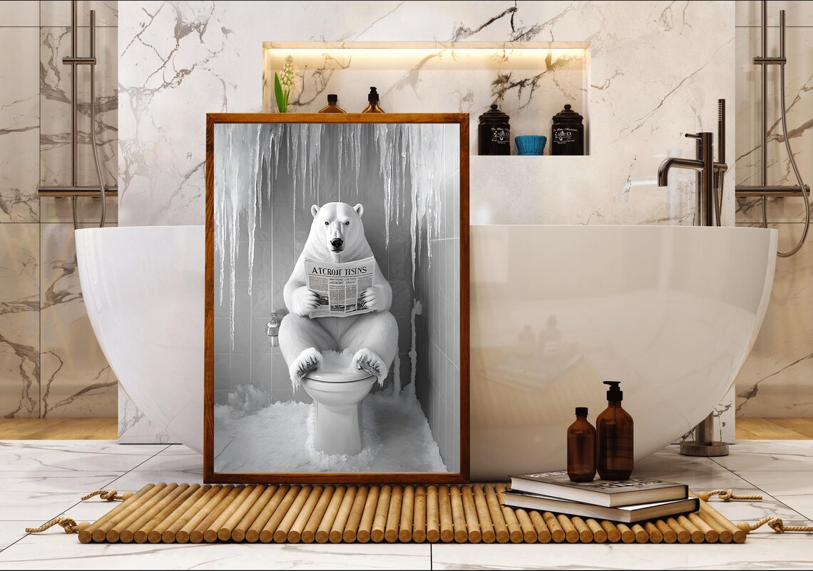 Funny Polar Bear Reading a Newspaper on the Toilet in Icy Bathroom Poster - Image 5