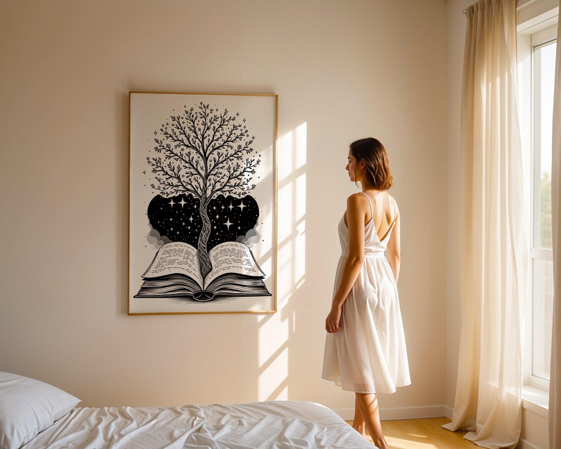 Tree Of Knowledge Wall Art Mystical Book And Stars Illustration Black And White Art Print Literary Home Decor Book Lovers Gift - Image 5