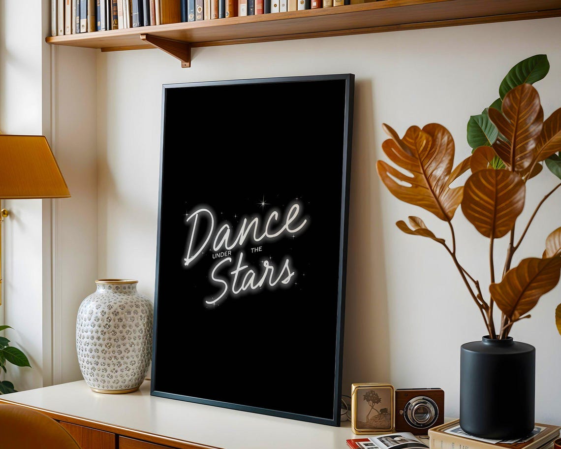 Dance Under The Stars Neon Script Glow Black Typography Poster - Image 2
