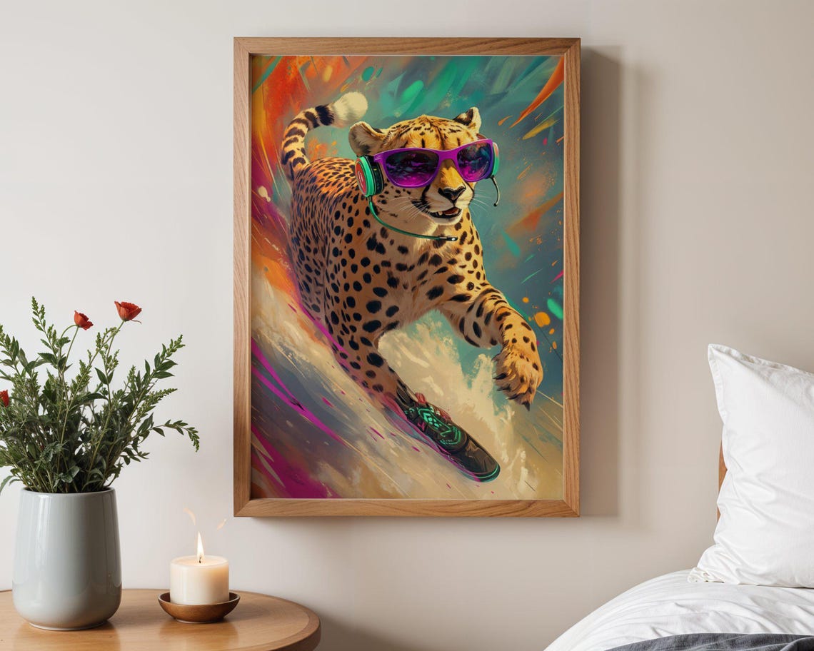 Cheetah In Sunglasses And Headphones Riding A Skateboard Poster