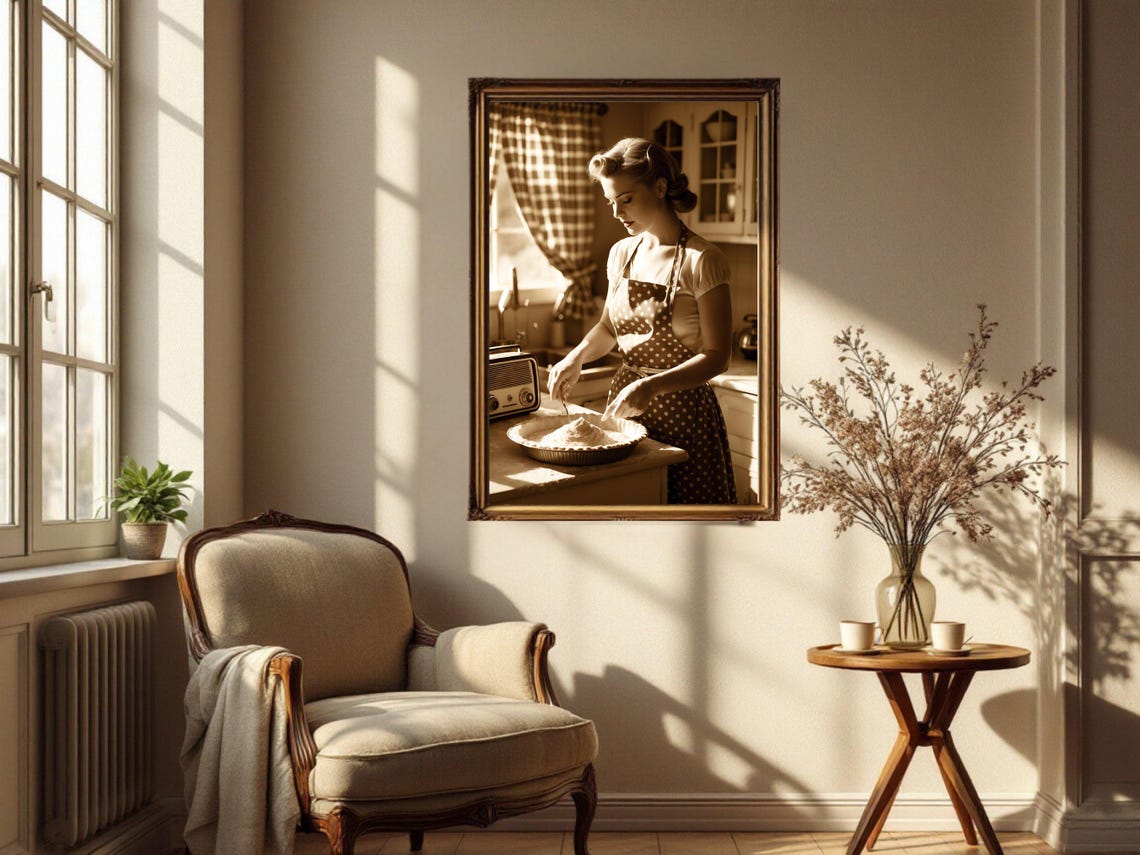 Retro Housewife Baking Pie in Polka Dot Apron, Sepia Kitchen Poster - Image 2