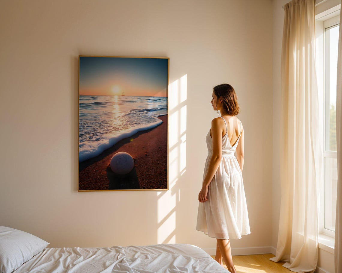 Striped Seashell Resting on Red Beach Sand at Golden Sunset Poster - Image 3