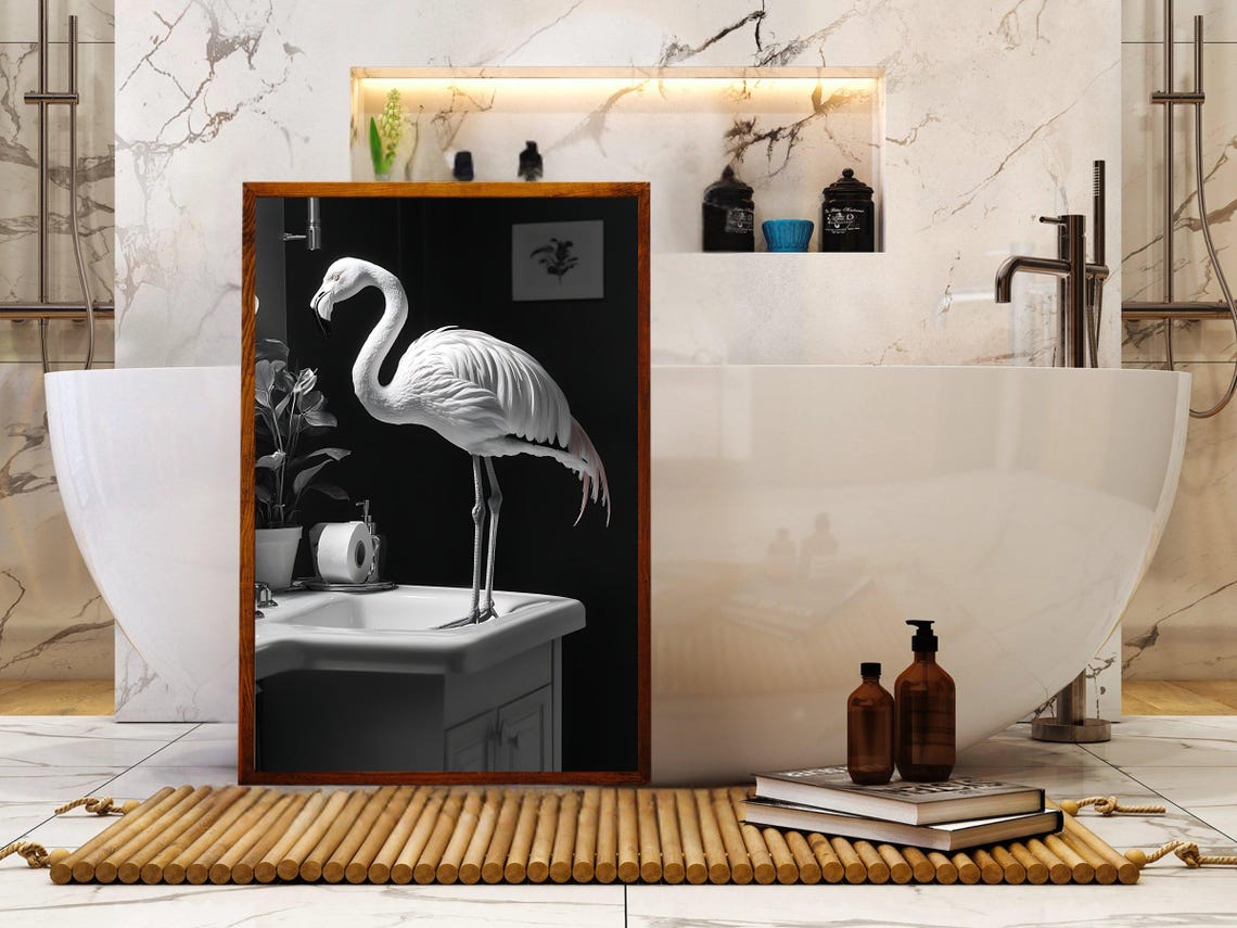 Minimalist Flamingo Standing in a Bathroom Sink Black White Poster - Image 5