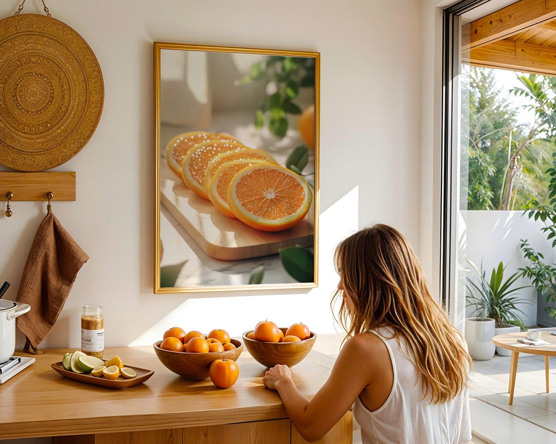 Fresh Sliced Oranges on a Wooden Cutting Board Sunny Kitchen Poster - Image 5