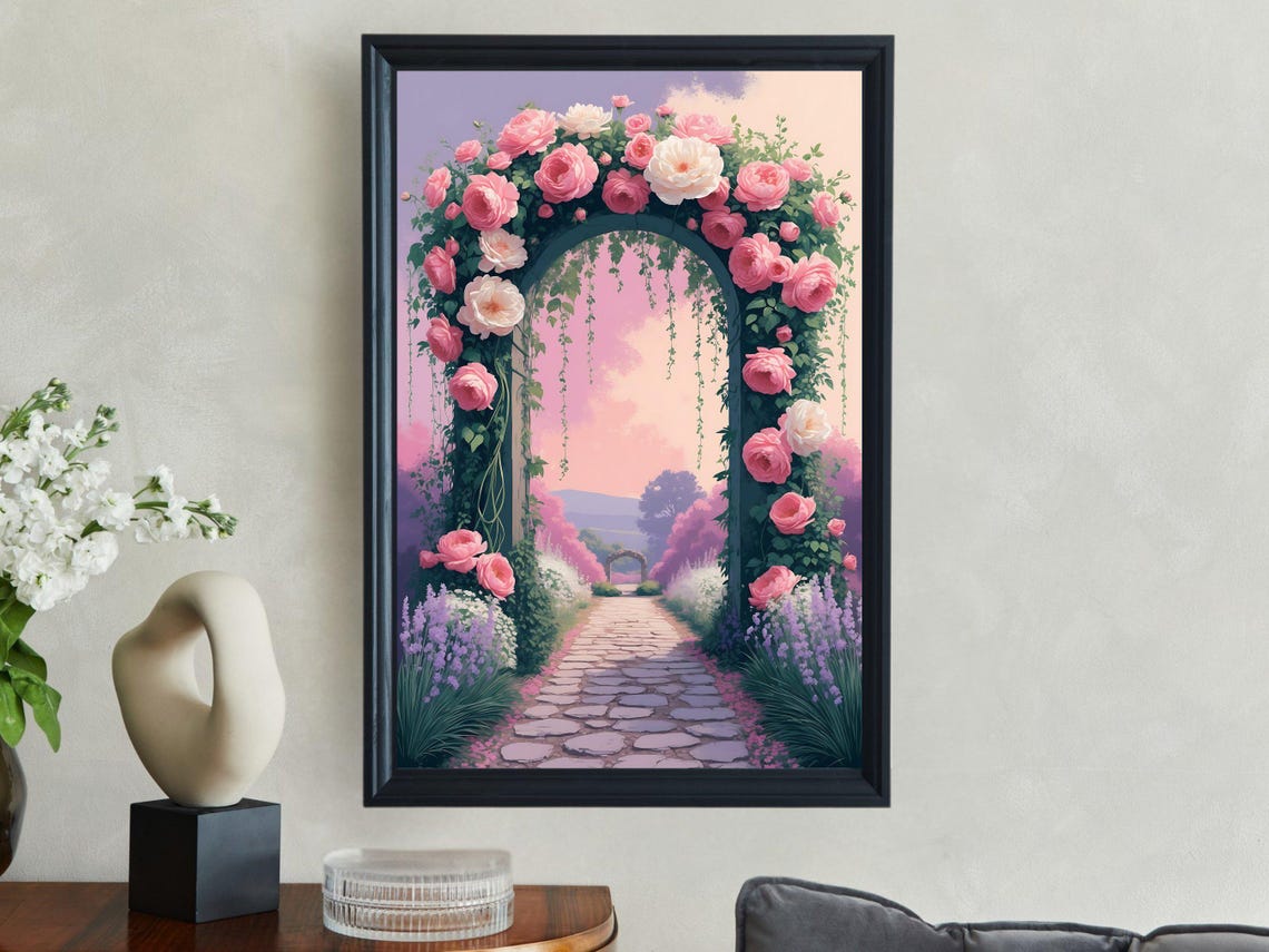Pink Rose Covered Archway Over Romantic Stone Garden Path Poster