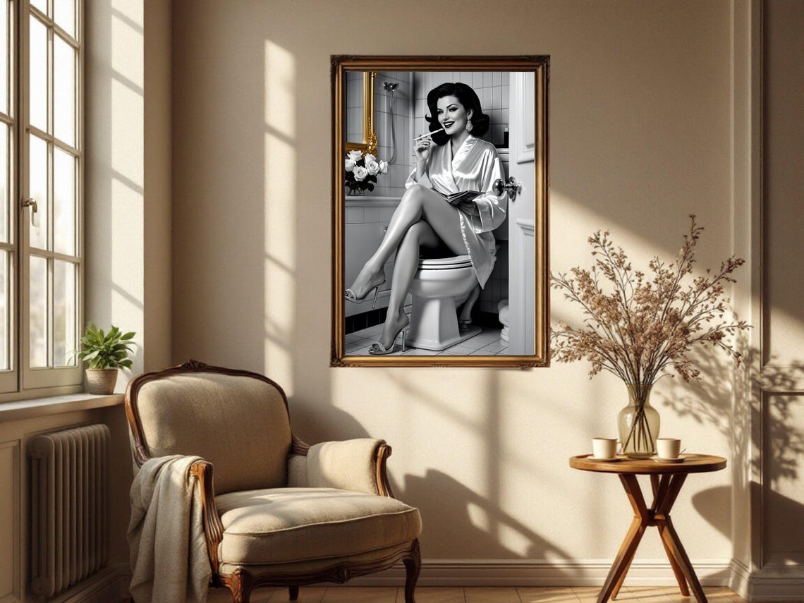 Smiling Pin Up Woman Reading A Magazine In A Satin Robe Poster - Image 2