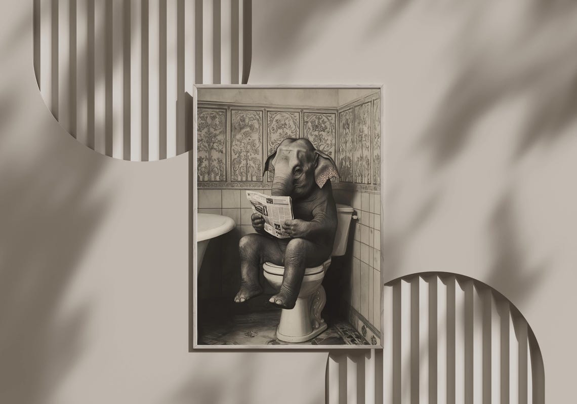 Elephant Reading the Newspaper While Sitting on the Toilet Poster