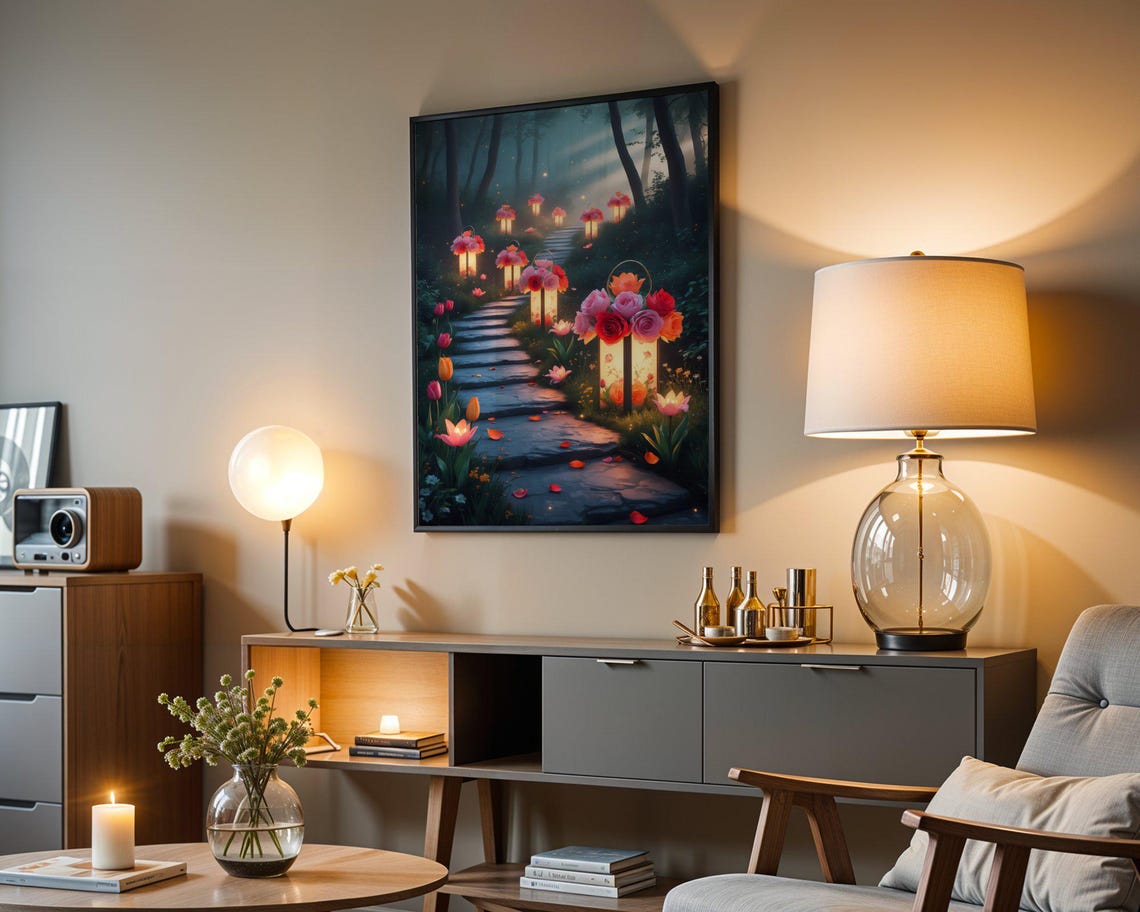 Enchanted Lantern Lit Forest Pathway Through A Twilight Garden Poster - Image 3