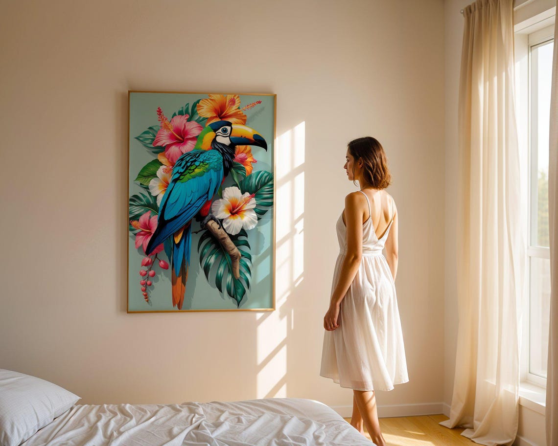 Colorful Toucan Among Hibiscus And Tropical Leaves Art Poster - Image 4