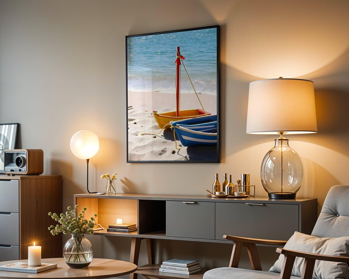 Two Colorful Wooden Boats Resting on Sunny Beach Shore Poster - Image 5