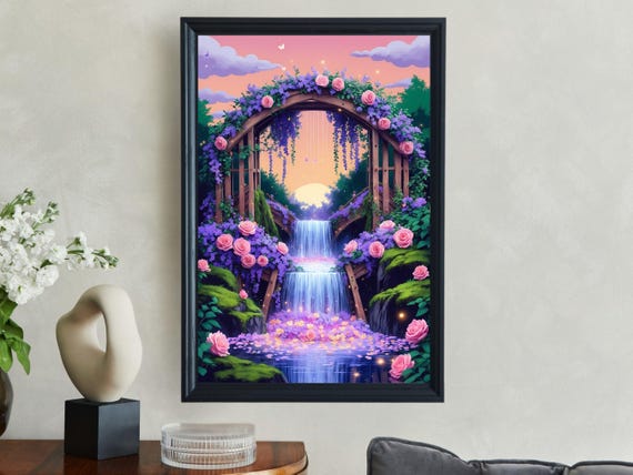 Enchanted Garden Wall Art Dreamy Floral Bridge Waterfall Print Magical Evening Scenery Fairytale Nature Illustration Decor