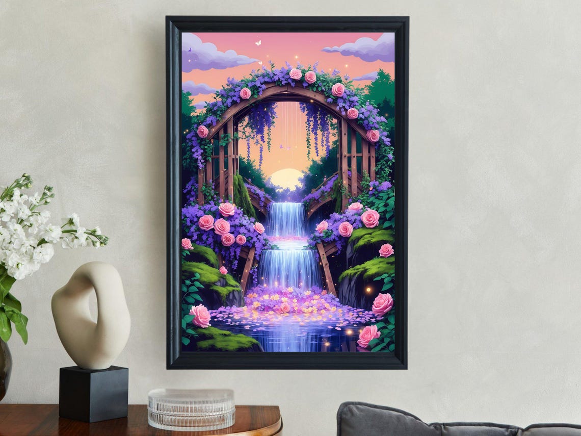 Floral Archway Waterfall Sunset Wisteria Rose Evening Art Print