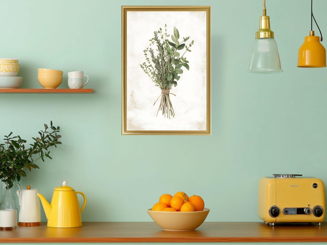 Fresh Herb Bouquet Watercolor Botanical Rustic Kitchen Poster - Image 3