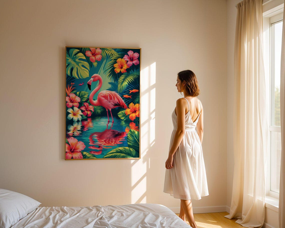 Pink Flamingo In Tropical Lagoon With Hibiscus Blooms Poster - Image 4
