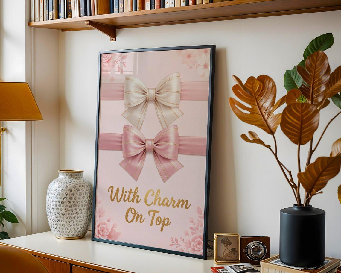 With Charm on Top Pink Bow Ribbon Coquette Nursery Decor Poster - Image 3