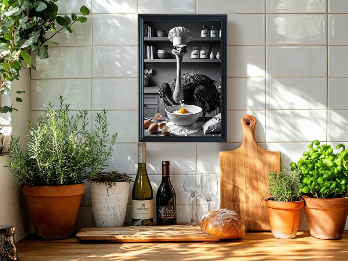 Funny Chef Ostrich Kitchen Art Ostrich Wall Art Chef Artwork Quirky Kitchen Decor Funny Animal Art Modern Kitchen Wall Decor - Image 2
