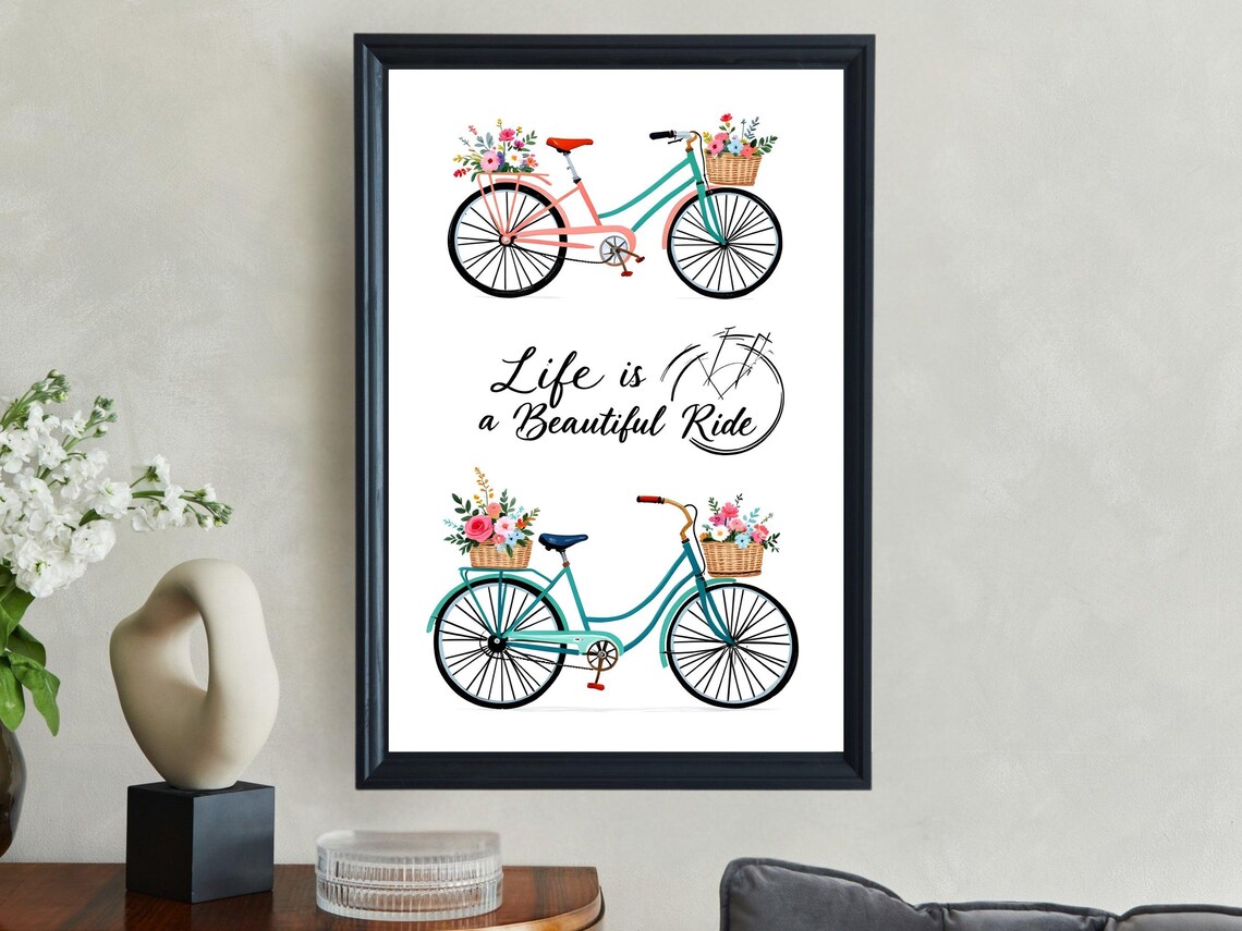 Life Is a Beautiful Ride Pastel Floral Bicycle Quote Poster for Home