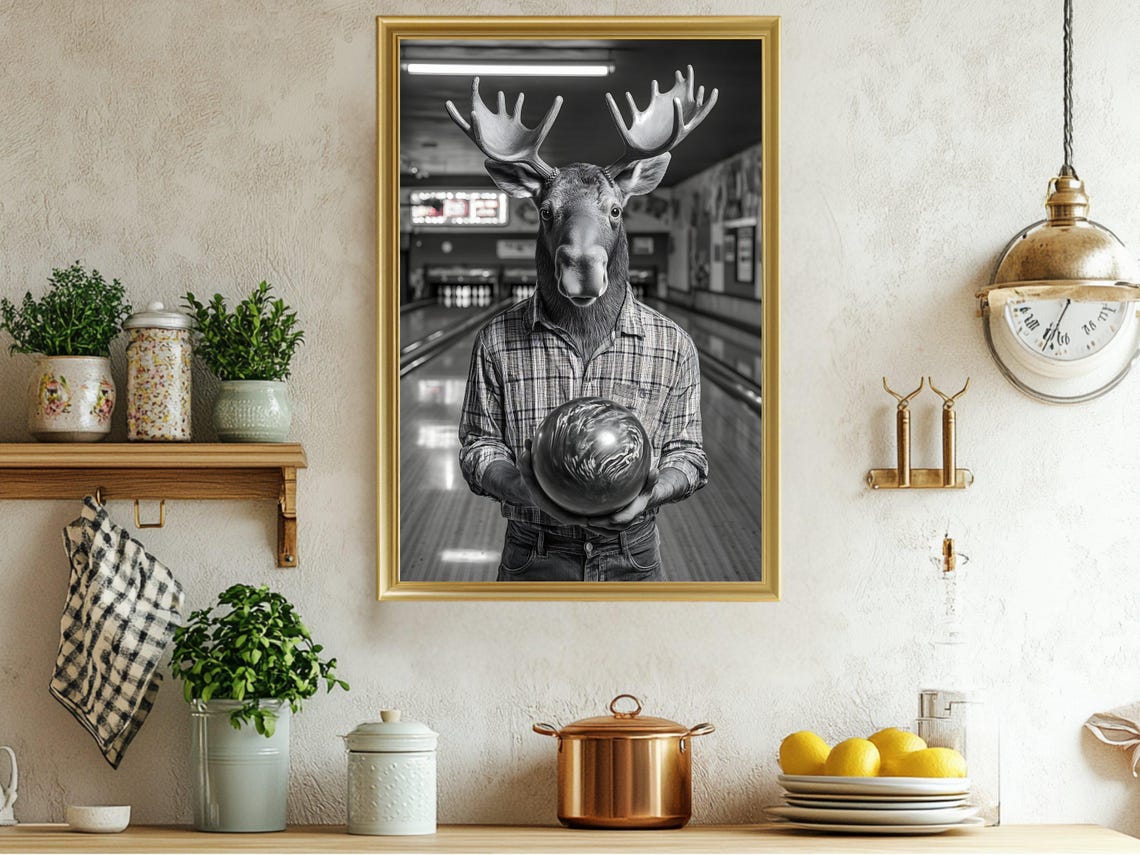Moose Bowling in Plaid Shirt Funny Animal Game Room Art Poster