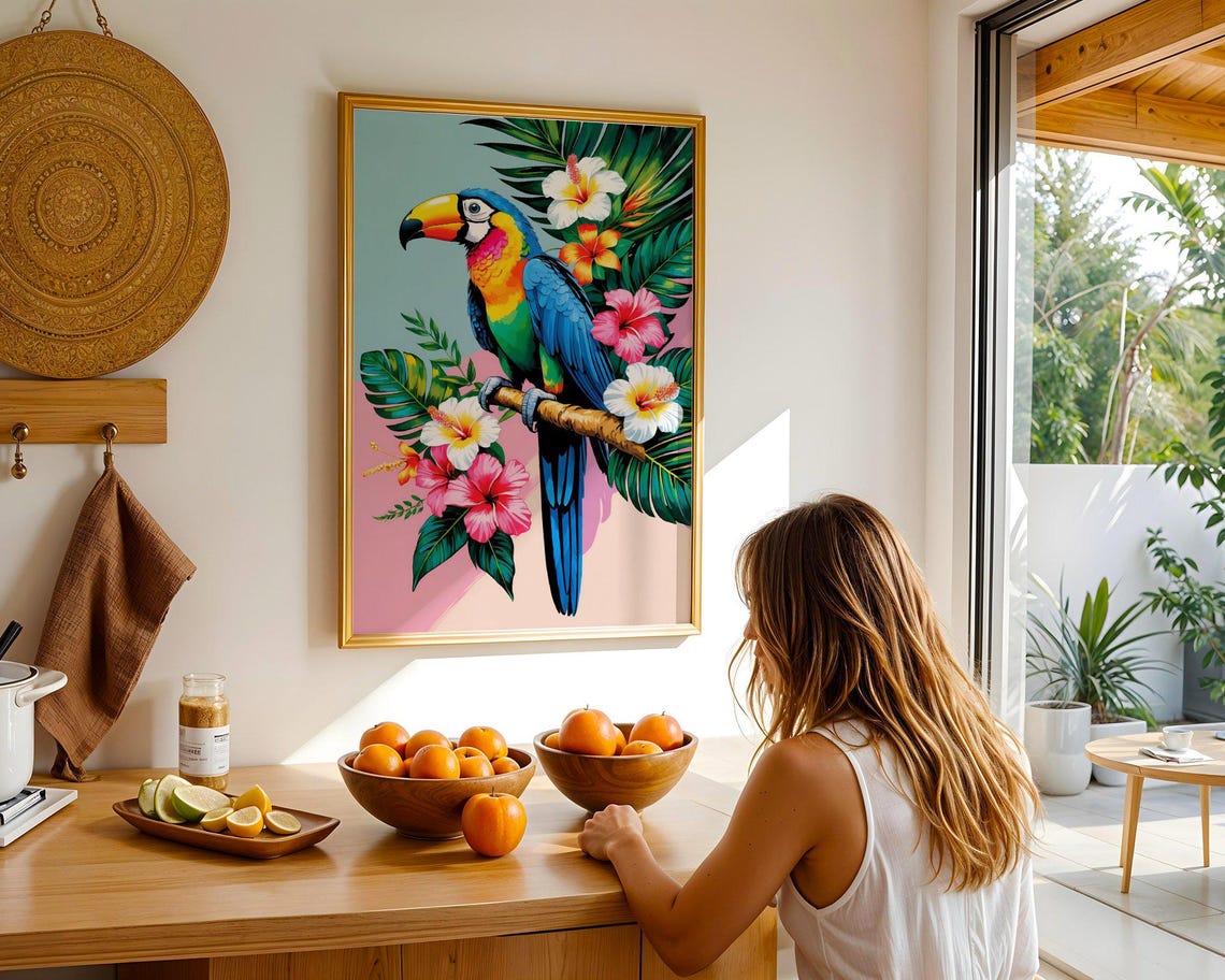 Colorful Toucan Perched Among Hibiscus Flowers And Palm Leaves Poster - Image 2