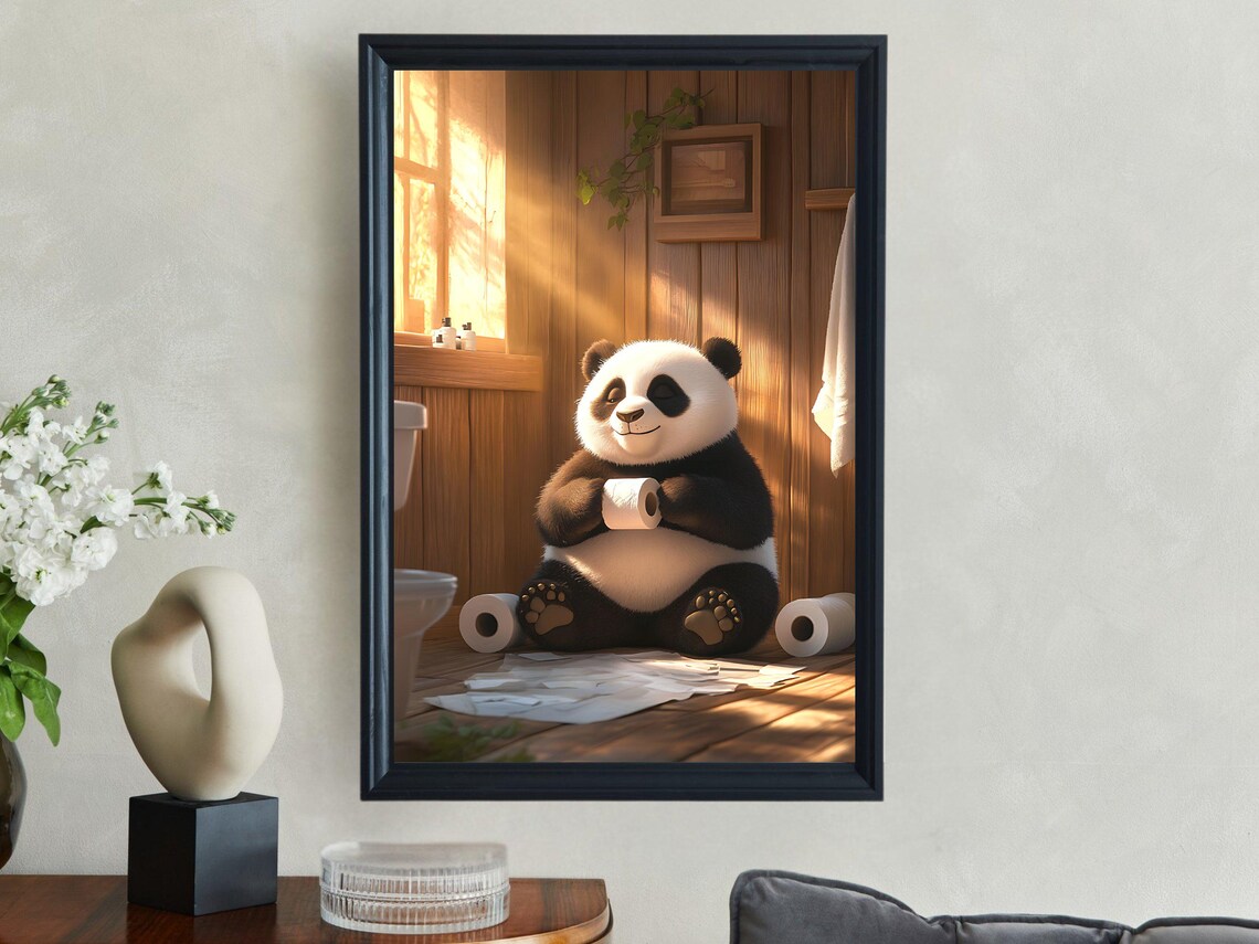 Smiling Panda Sitting on the Bathroom Floor Hugging Toilet Paper Poster - Image 2
