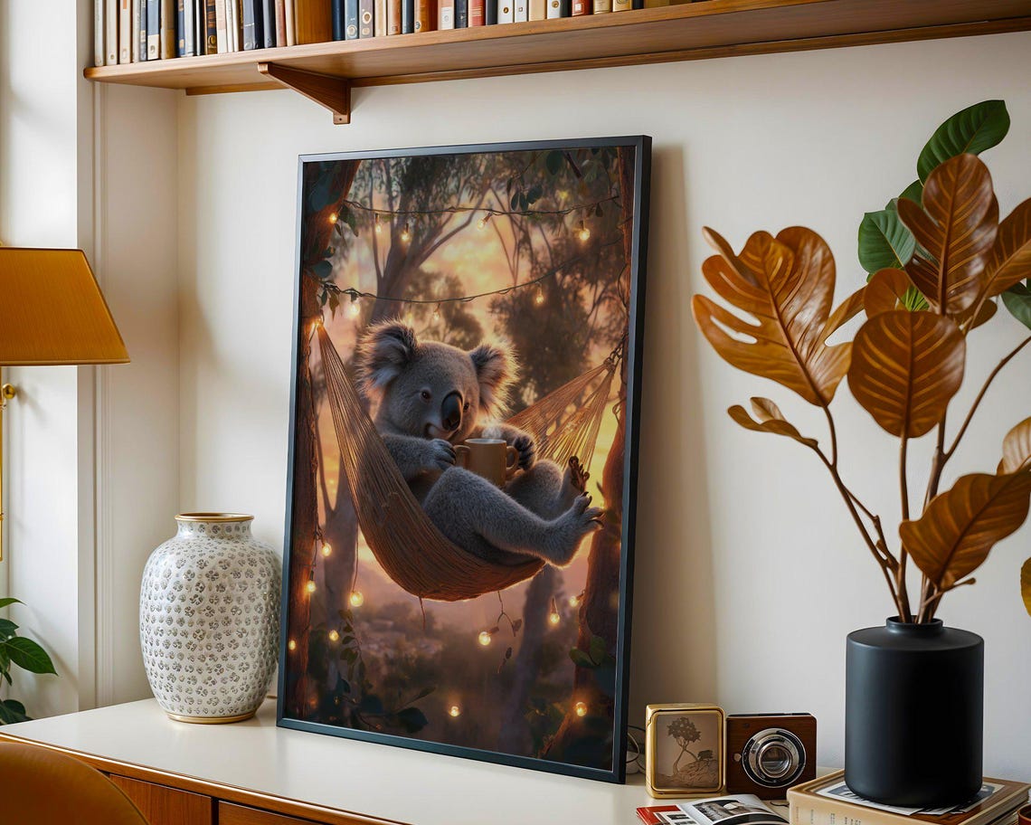 Koala in Hammock Holding Coffee at Sunset With String Lights Poster - Image 4