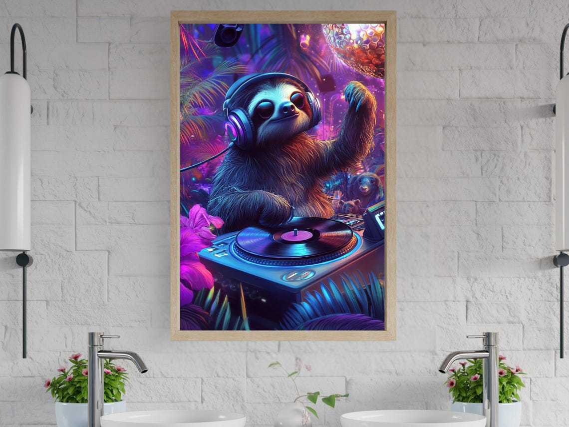 Sloth DJ Spinning Records at a Neon Jungle Dance Party Poster
