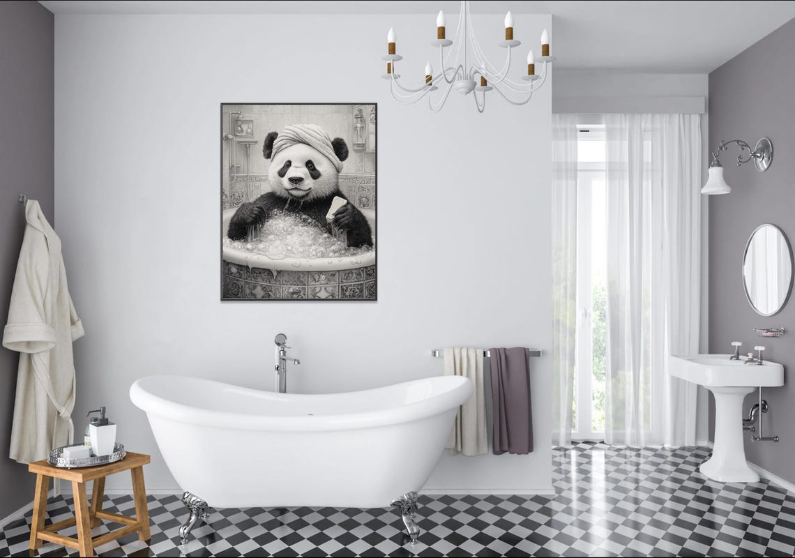Panda In Bubble Bath Wearing Towel Head Funny Animal Art Poster - Image 2