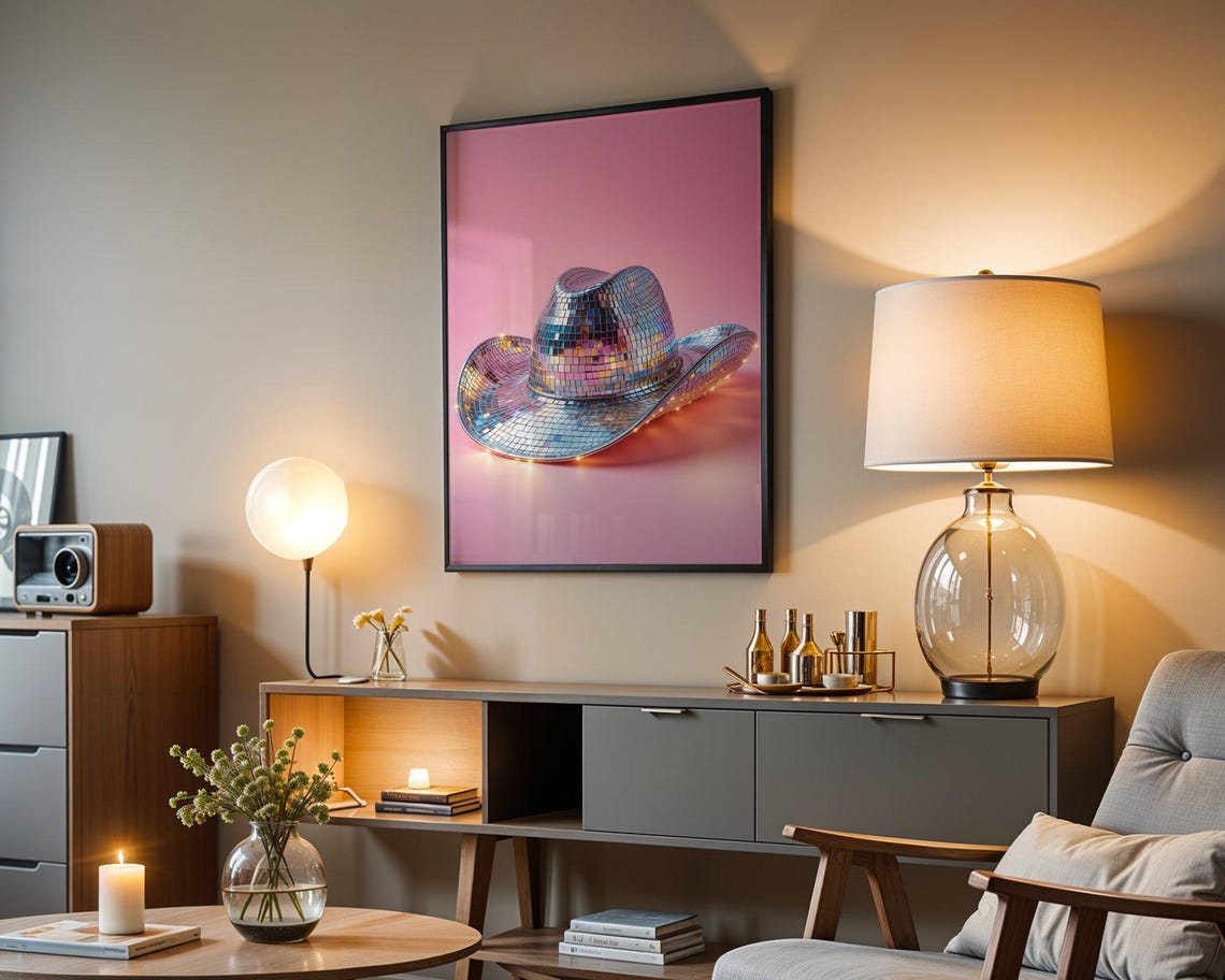 Disco Cowboy Hat Wall Art Print Retro Western Themed Home Decor Sparkling 80s Disco Style Poster Unique Gifts Pink Background Decor - Image 4