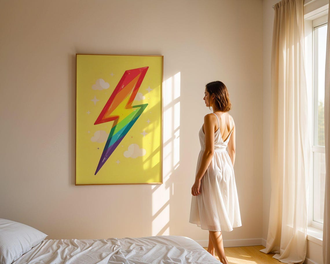 Rainbow Lightning Bolt on Yellow Background Bold Pop Art Print - Image 4