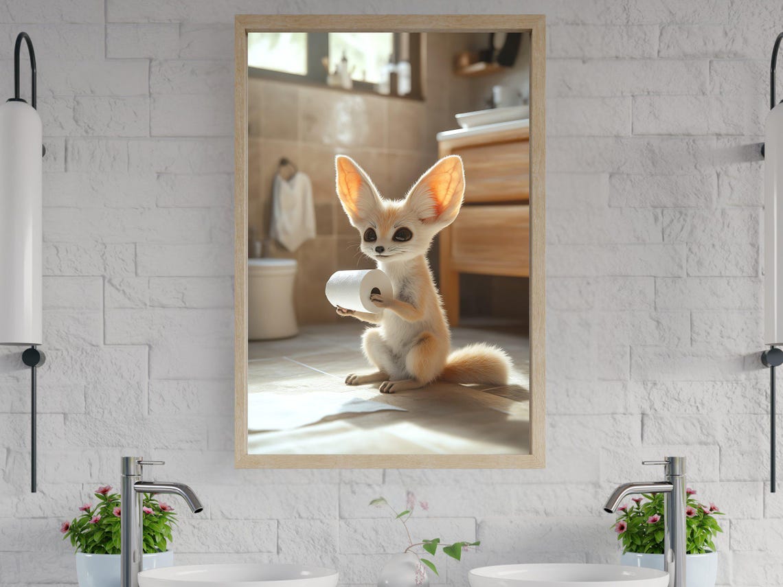 Baby Fennec Fox Holding Toilet Paper in Sunlit Bathroom Poster