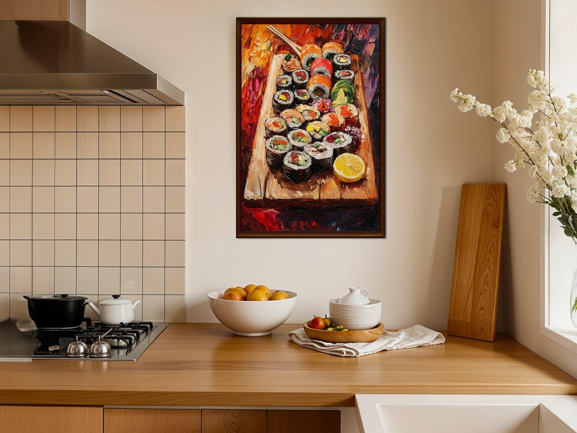 Colorful Sushi Platter Oil Painting on a Wooden Board Poster - Image 3