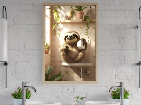 Smiling Sloth Sitting on the Toilet Tank Holding Toilet Paper Poster