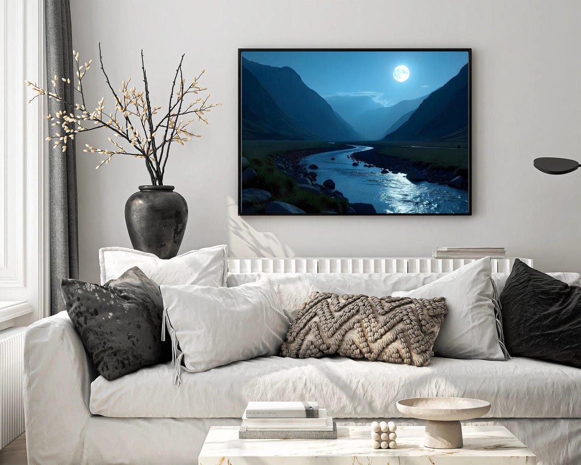 Moonlit Mountain River Scene Tranquil Night Landscape Art Serene Nature Wall Decor Blue Night Sky Print Scenic Mountain View - Image 4