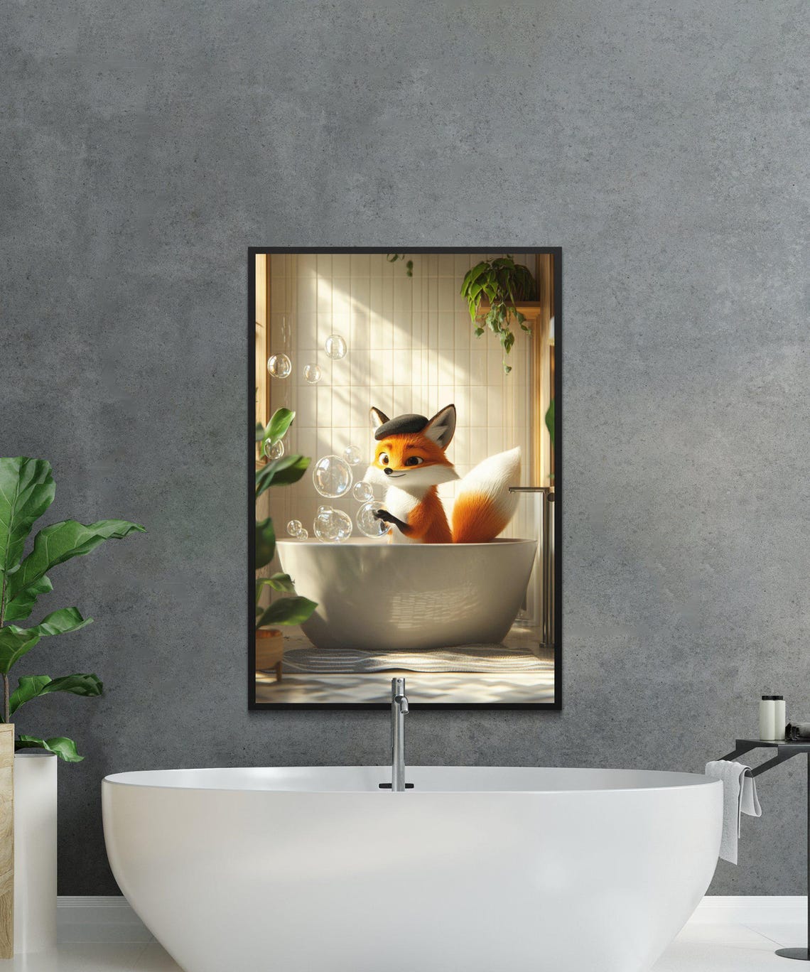 Cute Fox in Bubble Bath in Bright Sunlit Bathroom Art Poster - Image 2